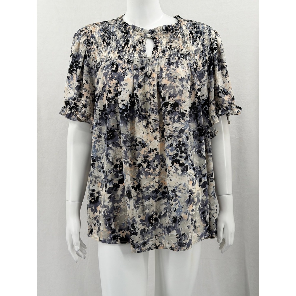 Rose + Olive Top Womens 2X Blue Cream Floral Smocked Ruffle Boho Peasant Cottage